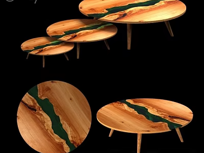 Wooden Dining Tables With Green Resin Inlay Round Shape And Thin Wooden Legs 3d model