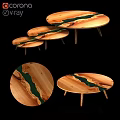 Wooden Dining Tables With Green Resin Inlay Round Shape And Thin Wooden Legs