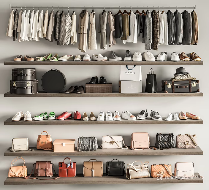 Chic Clothes Display With Various Shoes And Bags On Shelves 3d model 