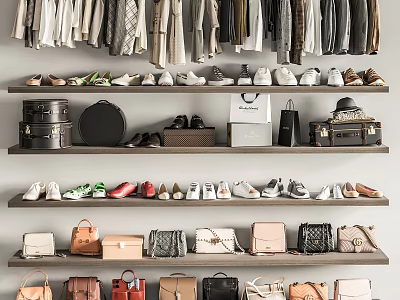 Chic Clothes Display With Various Shoes And Bags On Shelves 3d model