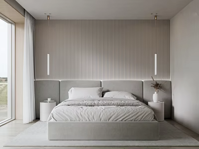 Modern Gray Bedroom With Vertical Striped Accent Wall Bedhead And Nightstands 3d model