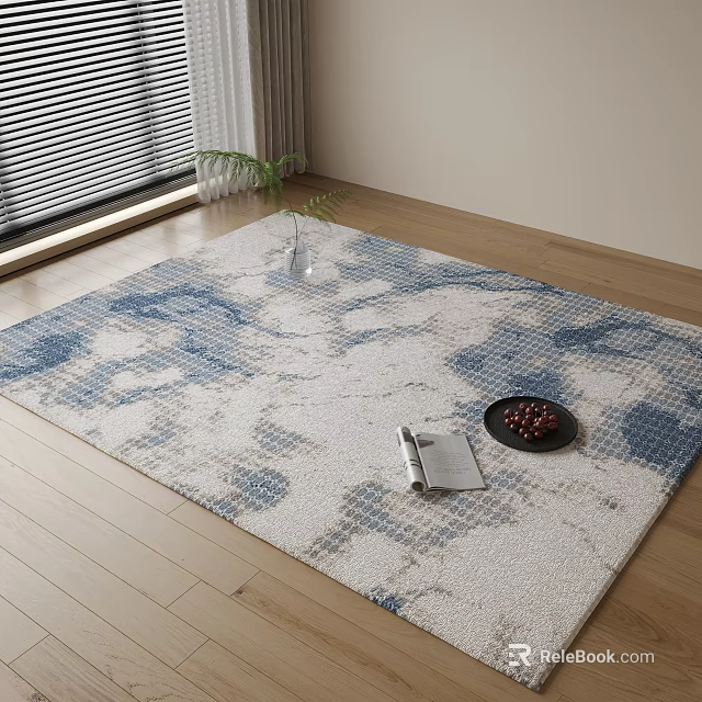 Square Area Rug With Blue White Pattern On Wooden Floor By Window 3d model 