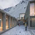 Modern Scattered Layout Hotel Buildings Under Starry Sky Milky Way Mountain Backdrop With Roof Lights
