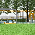 Children's Play Area With Green Lawn Circular Paths Yellow Slide And Play Structures