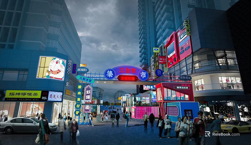 Bustling Commercial Street With Tall Buildings Bright Neon Signs Crowded Pedestrians Shops And Archway 3d model 