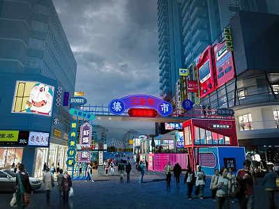 Bustling Commercial Street With Tall Buildings Bright Neon Signs Crowded Pedestrians Shops And Archway 3d model