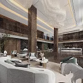 Luxurious Hotel Lobby Interior With Marble Columns Chandelier Seating Coffee Tables And Green Plants