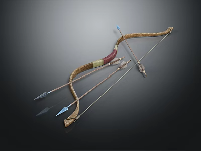 Traditional Handmade Bow Weapon With Sharp Arrows And Wooden Structure 3d model