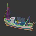 Blue And White Fishing Ship With Mast And Equipment