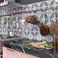Modern Kitchen Interior With Pink Cabinets Black Countertop And Patterned Tile Backsplash 3d model