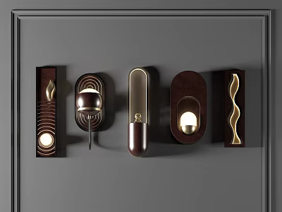 Sleek Modern Wall Lamps With Dark Metal Wooden Frames And Gold Accents 3d model