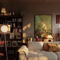 Cozy Living Room Interior Design With Bookshelf Floor Lamp Large Artwork And Soft Sofa