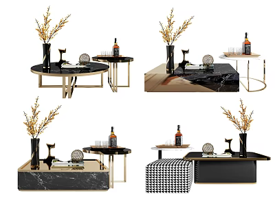 Modern Coffee Table Designs With Marble Top Metal Frame Decorative Vases And Wine Glasses 3d model