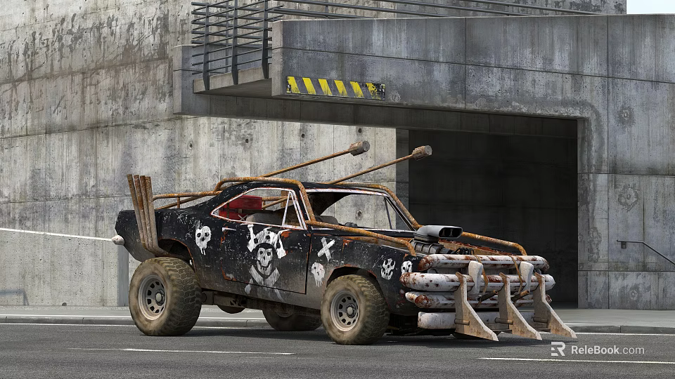 Rusty Modified Off Road Car With Skull Graphics And Front Plow Near Concrete Structure 3d model 