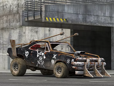 Rusty Modified Off Road Car With Skull Graphics And Front Plow Near Concrete Structure 3d model