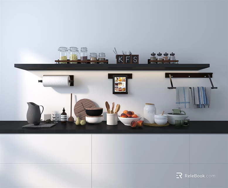 Modern Kitchenware Display on Black Shelves with Countertop Coffee Maker and Fruits 3d model 