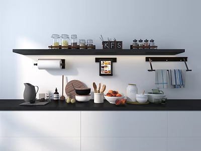 Modern Kitchenware Display on Black Shelves with Countertop Coffee Maker and Fruits 3d model