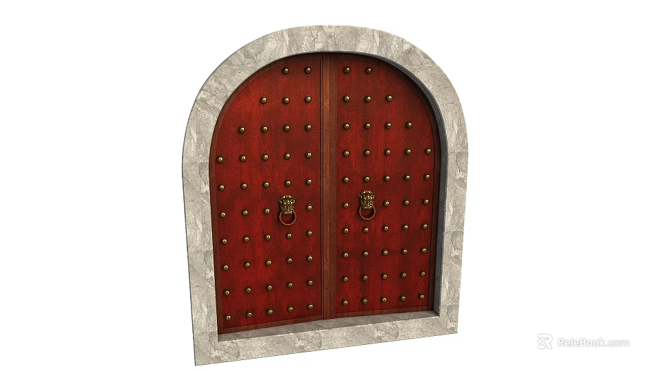 Red Arched Entrance Door With Stone Frame Golden Rivets And Knockers 3d model 