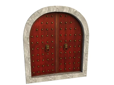 Red Arched Entrance Door With Stone Frame Golden Rivets And Knockers 3d model