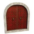 Red Arched Entrance Door With Stone Frame Golden Rivets And Knockers