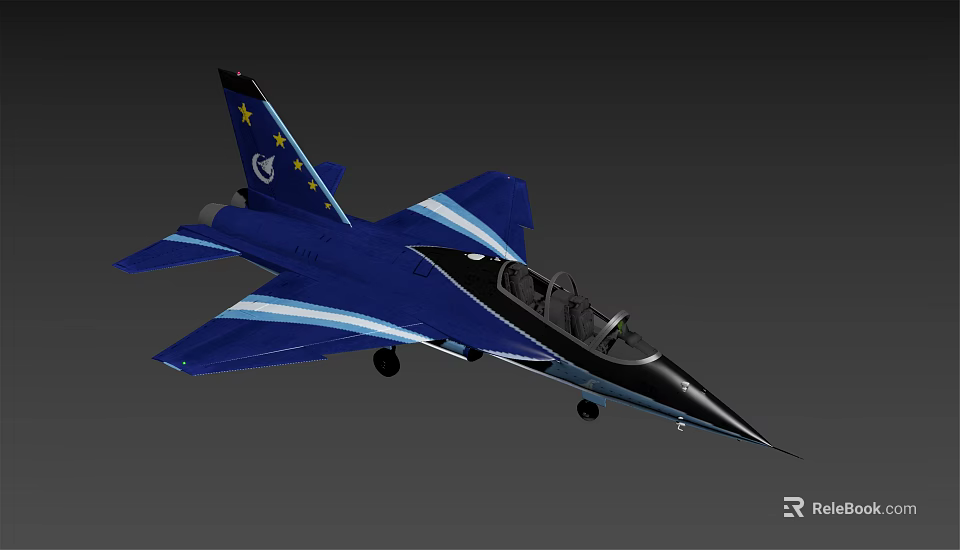Blue Fighter Jet Featuring Light Blue Stripes Stars EU Emblem And Cockpit 3d model 