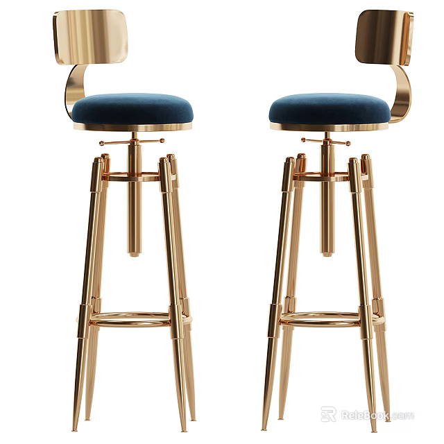Two Modern Bar Stools With Golden Metal Frame And Blue Velvet Curved Armrests 3d model 
