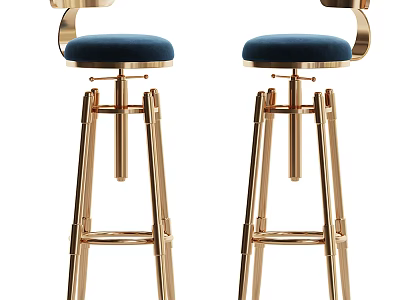 Two Modern Bar Stools With Golden Metal Frame And Blue Velvet Curved Armrests 3d model