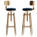 Two Modern Bar Stools With Golden Metal Frame And Blue Velvet Curved Armrests