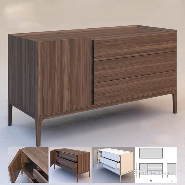Modern Entryway Cabinet Sideboard With Wood Grain Finish Drawers And Slender Legs 3d model 