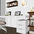 Modern Home Office With White Desk Beige Chair Wooden Shelves Round Lamp Books And Decor