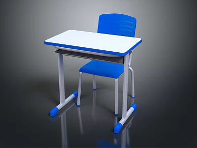 Kids Study Desk And Chair With White Tabletop And Blue Seat 3d model