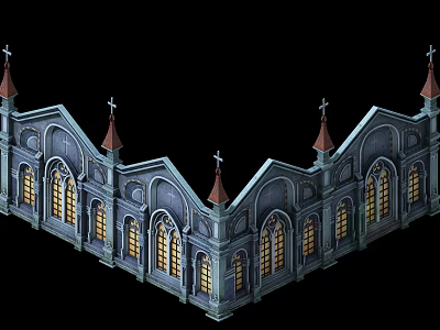 Gothic Building Exterior With Spires Crosses And Arched Stained Glass Windows 3d model