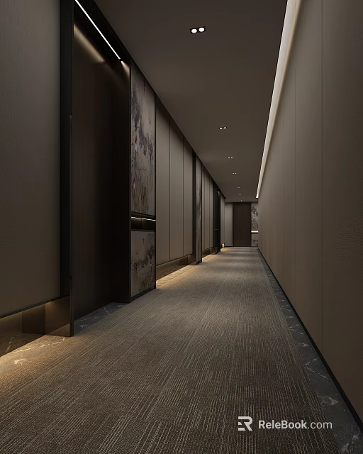 Elegant Hotel Corridor Interior Design With Ambient Lighting Wall Art And Carpet 3d model