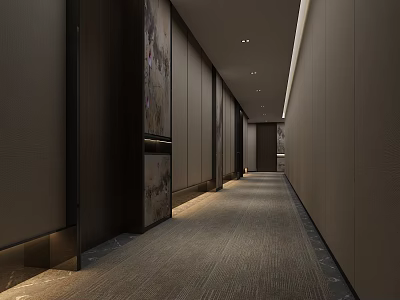 Elegant Hotel Corridor Interior Design With Ambient Lighting Wall Art And Carpet 3d model