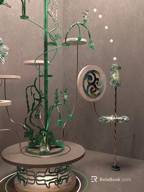 Unique Photo Spot Featuring Green Metal Tree Design White Trays Circular Yin Yang Decor 3d model 