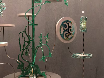 Unique Photo Spot Featuring Green Metal Tree Design White Trays Circular Yin Yang Decor 3d model