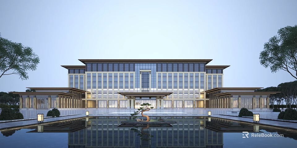 Grand Hotel Building Exterior With Traditional Chinese Roof Large Glass Windows And Water Pond Reflection 3d model 