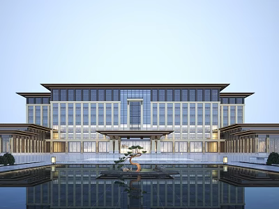 Grand Hotel Building Exterior With Traditional Chinese Roof Large Glass Windows And Water Pond Reflection 3d model