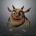 Spotted Cartoon Monster Character With Horns Big Ears Yellow And Blue Eyes