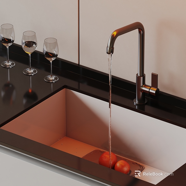 Modern Kitchen Sink with Flowing Water Black Countertop Wine Glasses and Tomatoes 3d model 