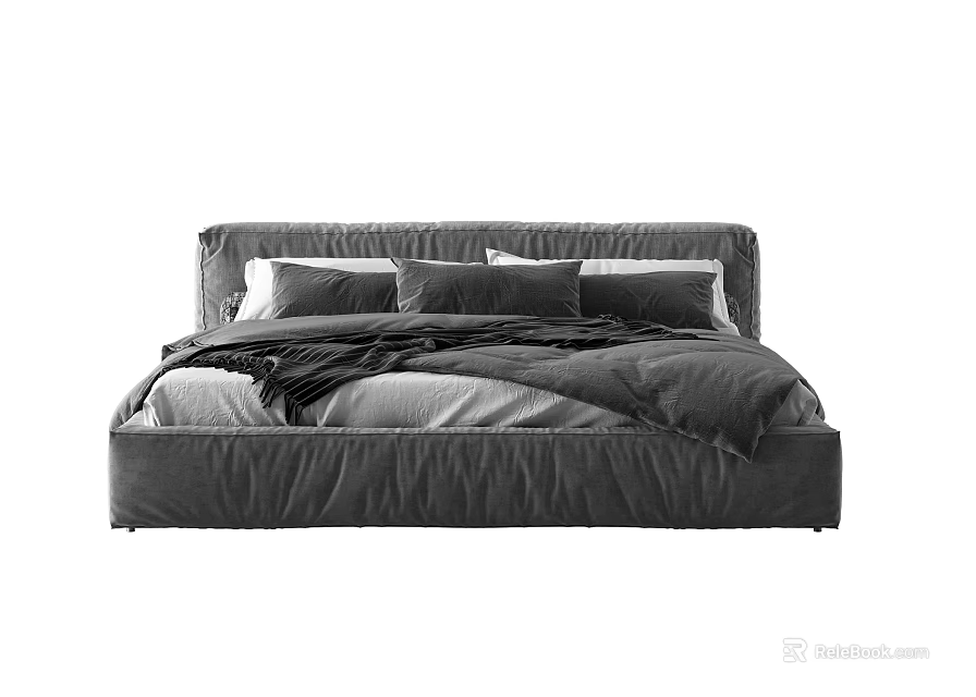 Contemporary Gray Double Bed Featuring Upholstered Headboard Soft Pillows And Blankets 3d model