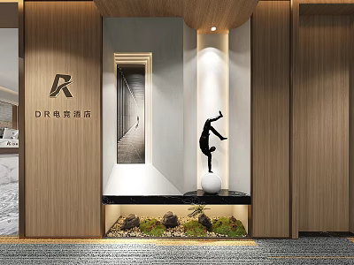 Modern Interior Space With Wooden Panels Art Sculpture And Niche Landscape 3d model
