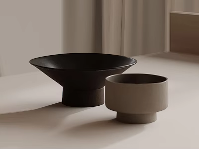 Elegant Ceramic Vessels Black Bowl and Gray Cup with Minimalist Design on Light Tabletop 3d model