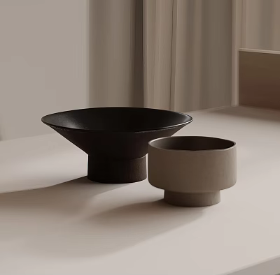 Elegant Ceramic Vessels Black Bowl and Gray Cup with Minimalist Design on Light Tabletop 3d model