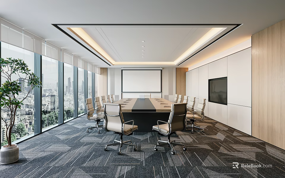 Modern Conference Room Interior With Large Windows City View Long Table Chairs And Projection Screen 3d model 