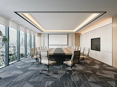 Modern Conference Room Interior With Large Windows City View Long Table Chairs And Projection Screen 3d model