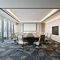 Modern Conference Room Interior With Large Windows City View Long Table Chairs And Projection Screen