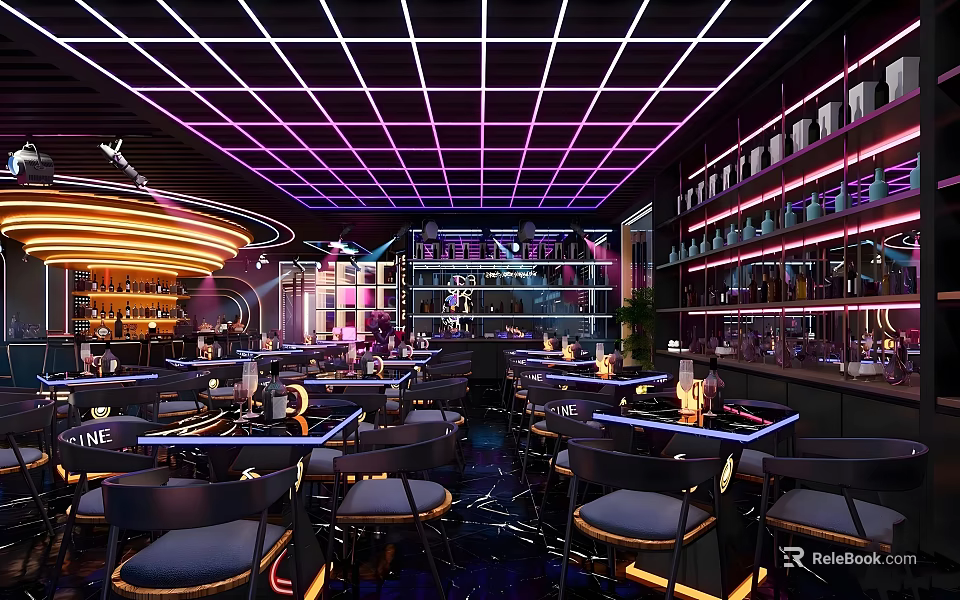 Modern Bar Interior With Neon Lights Grid Ceiling Bar Counter And Seating 3d model 
