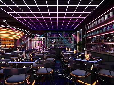 Modern Bar Interior With Neon Lights Grid Ceiling Bar Counter And Seating 3d model