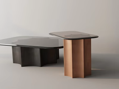 Modern Sofa Coffee Table Set With Glass Top And Wooden Copper Bases 3d model